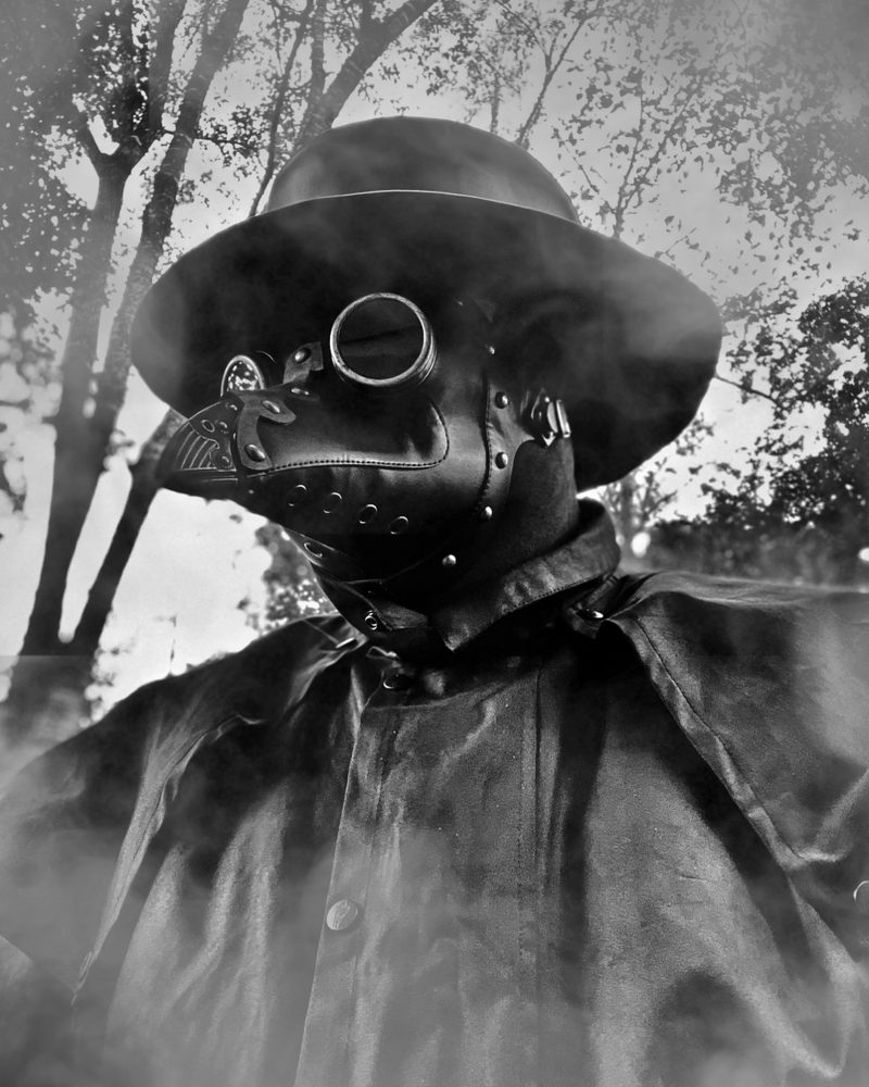 Plague doctor masked figure in foggy woods